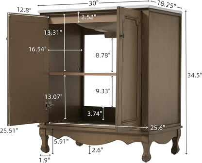 Merax 30" Vintage Bathroom Vanity with Sink, Bathroom Storage Vanity Cabinet with 2 Doors & Rubber Wood Legs & Adjustable Shelves & Antique Handles, Soft-Close Hinges, Antique Brown