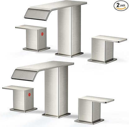 FORIOUS Widespread Bathroom Sink Faucet 3 Hole Brushed Nickel, 2 Handles Waterfall Bathroom Faucet with Metal Pop-up Drain and 24" Hot and Cold Water Hoses, Suitable for Vanity RV Restroom, 2 Pack