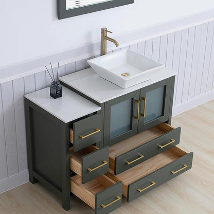 Vanity Art 42 Inch Vessel Single Sink Bathroom Vanity Cabinet with 1 Mirror, Engineered Marble Top Bathroom Cabinet Compact Set with 5 Dovetail Drawers and Soft Closing Doors, VA3130-42VG