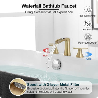 Brass Waterfall Tub Faucet, 3 Hole Brushed Gold Bathtub Faucet Set, 6-16 Inch Widespread Deck Mount with 2 Handle & cUPC Supply Water Hoses for Roman Style, 20 Mins Quick Installation