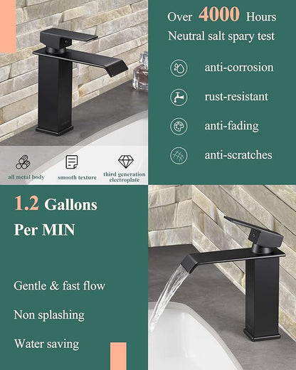 Matte Black Waterfall Bathroom Faucet – Single Hole 304 Stainless Steel Sink Faucet with Metal Pop-Up Drain, Low-Profile Design for Modern Vanities