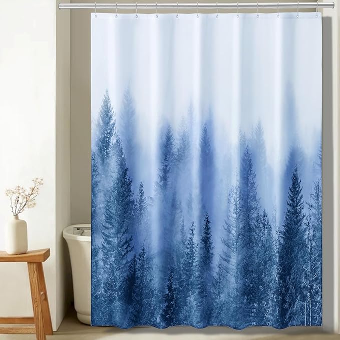 ORTIGIA 78 Inch Blue Misty Forest Shower Curtain for Bathroom, Nature Woodland Shower Curtain Set with Hooks, Decorative Pine Tree Fog Magic Bath Curtain, Waterproof Fabric, Weighted, 72x78