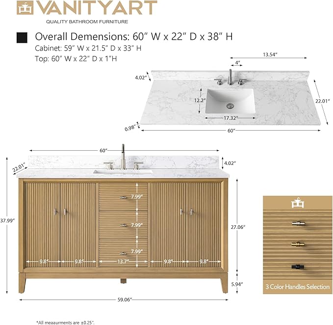Vanity Art 60" Bathroom Vanity with Single Sink & Arabescato White Engineered Stone Top, Vanity Cabinet with Soft Closing Door, Solid Wood Frame, Golden Brushed Handles, Natural Oak VA8160S-NO-GB