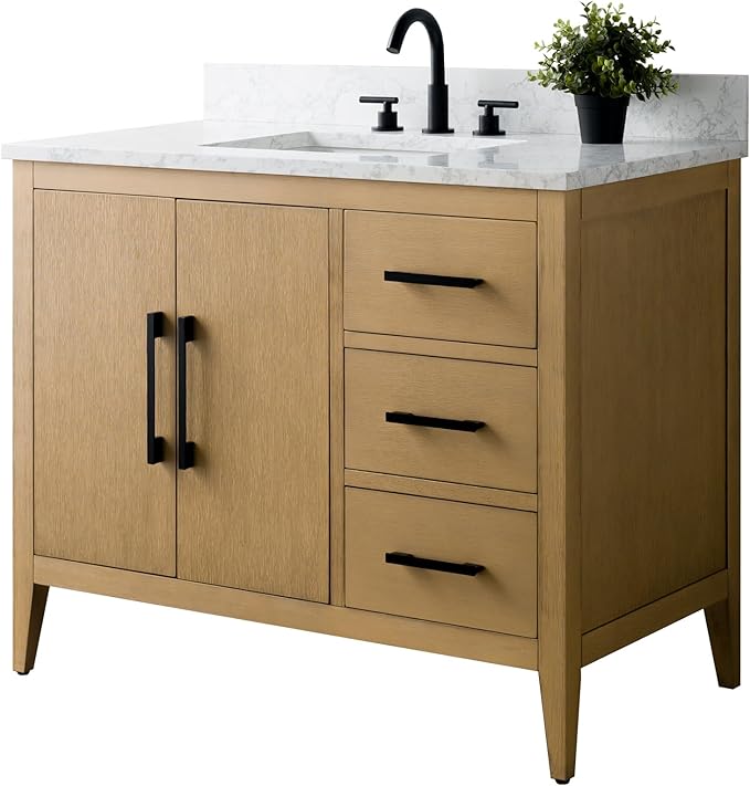 HomeBeyond 42 Inch Bathroom Vanity with Sink & Ceramic Top, Single Vanity Cabinet with Basin, Soft-Closing Doors & Matte Black Hardware, Natural Oak