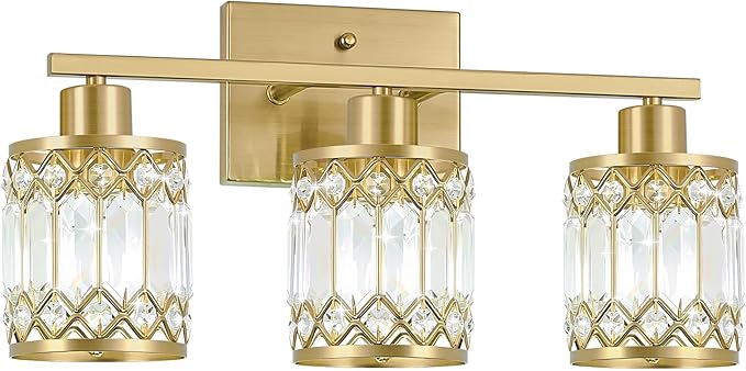Crystal Modern Bathroom Light Fixtures, 3-Light Brushed Gold Bathroom Vanity Wall Light, Vanity Lights for Mirror, Restroom, Bedroom (E26 Socket, Bulbs Not Included)