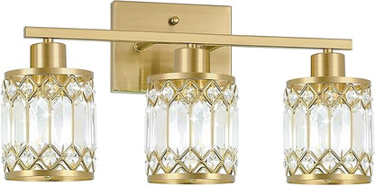 Crystal Modern Bathroom Light Fixtures, 3-Light Brushed Gold Bathroom Vanity Wall Light, Vanity Lights for Mirror, Restroom, Bedroom (E26 Socket, Bulbs Not Included)