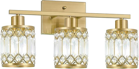 Crystal Modern Bathroom Light Fixtures, 3-Light Brushed Gold Bathroom Vanity Wall Light, Vanity Lights for Mirror, Restroom, Bedroom (E26 Socket, Bulbs Not Included)