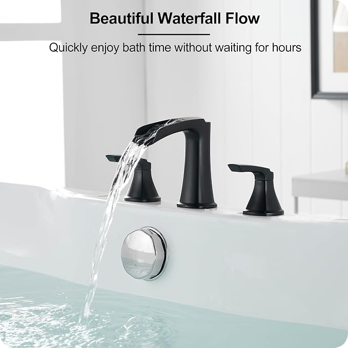 Roman Waterfall Bathtub Faucets, Brass High Flow Bathtub Faucet 3 Hole 6-16 Inch Widespread Black Tub Faucet Set 2 Handle, Deck Mount Filler Bath Faucet for Tub with Supply Water Hose for Modern