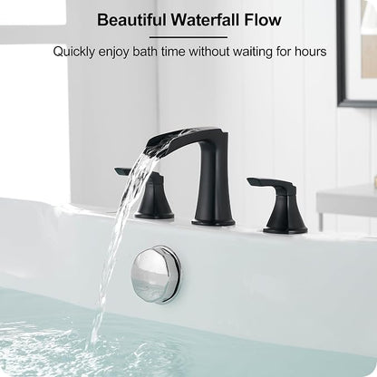 Roman Waterfall Bathtub Faucets, Brass High Flow Bathtub Faucet 3 Hole 6-16 Inch Widespread Black Tub Faucet Set 2 Handle, Deck Mount Filler Bath Faucet for Tub with Supply Water Hose for Modern