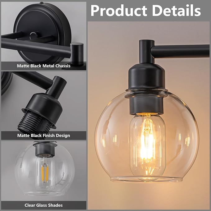 Bathroom Light Fixtures,2-Light Modern Bathroom Vanity Light,Black Wall Sconce with Clear Glass Globe Shades,Wall Lights Over Mirror for Kitchen,Bedroom,Hallway,Living Room