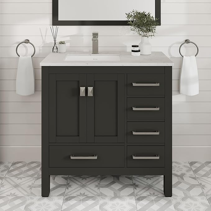 Eviva London 36 Inch Bathroom Vanity With Sink - Espresso Single Sink Bathroom Vanity - 36 In Bathroom Vanities & Stylish Bathroom Sink Cabinet W Quartz Countertop & Porcelain Sink For Optimal Storage