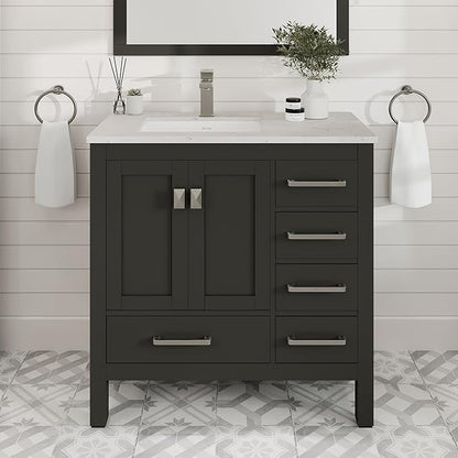 Eviva London 36 Inch Bathroom Vanity With Sink - Espresso Single Sink Bathroom Vanity - 36 In Bathroom Vanities & Stylish Bathroom Sink Cabinet W Quartz Countertop & Porcelain Sink For Optimal Storage