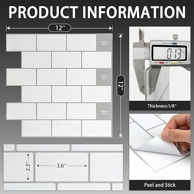 Arttown Peel and Stick 3D Wall Backsplash, 20-Sheet, 12" × 12" White | Subway Tile Self Adhesive Thicker Design Wall Tiles Panel Wallpaper for Kitchen Bathroom Balcony