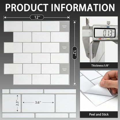 Arttown Peel and Stick 3D Wall Backsplash, 20-Sheet, 12" × 12" White | Subway Tile Self Adhesive Thicker Design Wall Tiles Panel Wallpaper for Kitchen Bathroom Balcony