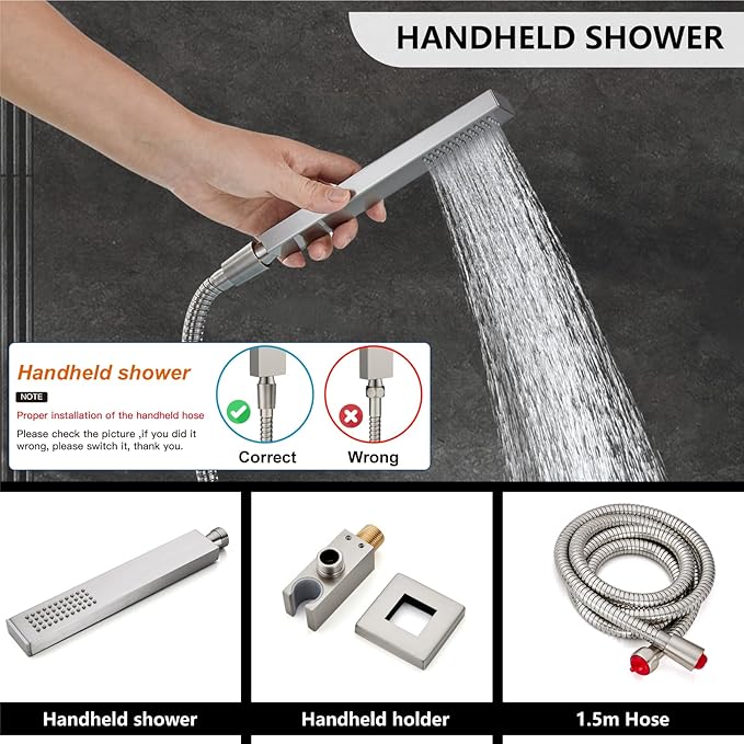 Midanya Shower Faucet Set,Wall Mount Shower System with Square Rain Shower Head and Hand Sprayer, Rough-in Valve Body and Trim Kit Included,16 Inch,Brushed Nichel