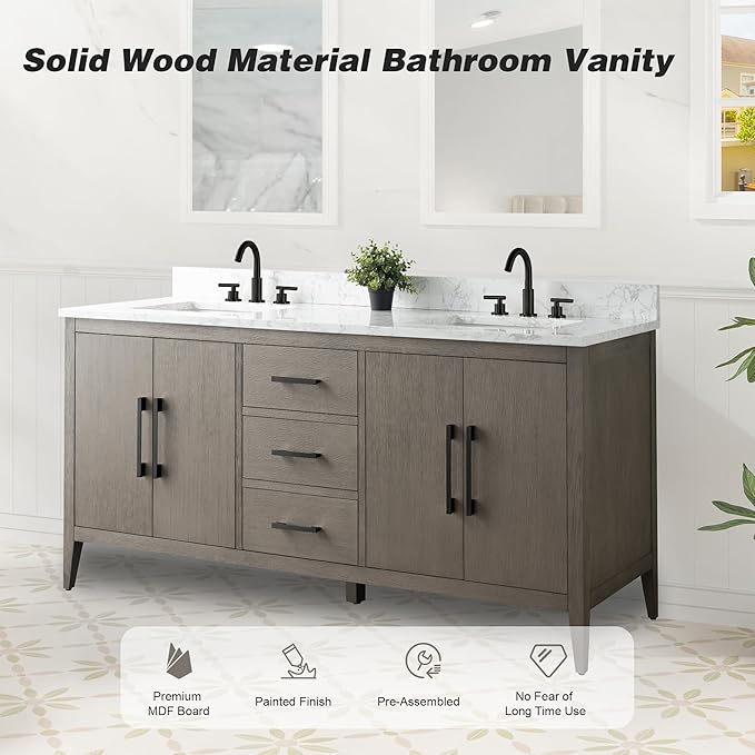 HomeBeyond 72 Inch Bathroom Vanity with Sink & Ceramic Top, Double Vanity Cabinet with Basin, Soft-Closing Doors & Matte Black Hardware, Driftwood Gray