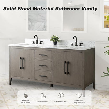 HomeBeyond 72 Inch Bathroom Vanity with Sink & Ceramic Top, Double Vanity Cabinet with Basin, Soft-Closing Doors & Matte Black Hardware, Driftwood Gray