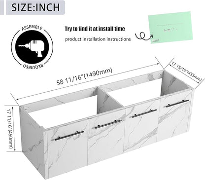 60 Inch Bathroom Vanity Without Sink, 60" Floating Vanity Without Top, Modern Wall Mounted Cabinet for Large Space, Large Bathroom Storage Cabinet with 4 Soft-Closing Doors and Bar Handles