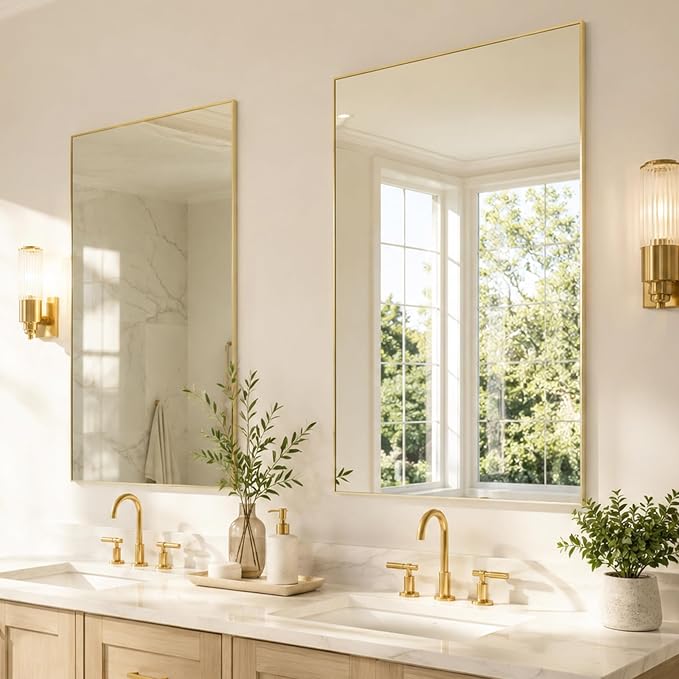 2-Pack 24"x36" Satin Gold Framed Bathroom Vanity Wall Mirrors | Taller Vanity Pair, Balanced Twin-Sink Look, Matching Finish Across Rooms, Vertical/Horizontal Hanging, Tempered Glass