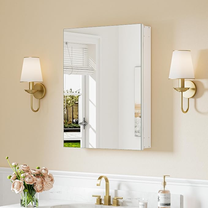 Keonjinn Bathroom Medicine Cabinet 20"x26" White, Freely Adjustable Shelves | Effortless Assembly, Safe HD Tempered Glass, Wall-mounted or in Wall, Soft Close, Lightweight Bathroom Mirror with Storage