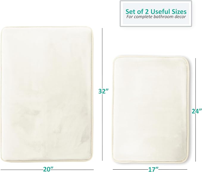 Clara Clark 2 Piece Bathroom Rugs Bath Mat Set, Velvet Memory Foam Bath Mats for Bathroom - Non-Slip, PVC Backing Bath Rugs, Washable - Dries Quickly, White