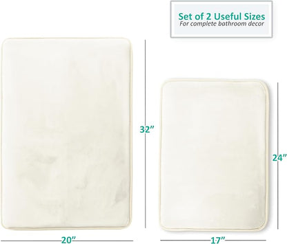 Clara Clark 2 Piece Bathroom Rugs Bath Mat Set, Velvet Memory Foam Bath Mats for Bathroom - Non-Slip, PVC Backing Bath Rugs, Washable - Dries Quickly, White