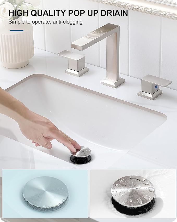 8 Inch Brushed Nickel Bathroom Faucet, 2 Handle Brass Widespread Modern Bathroom Faucets 3 Hole with Pop Up Drain, cUPC Supply Lines and Removable Aerator for Lavatory, Restroom, Save Water