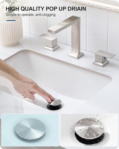 8 Inch Brushed Nickel Bathroom Faucet, 2 Handle Brass Widespread Modern Bathroom Faucets 3 Hole with Pop Up Drain, cUPC Supply Lines and Removable Aerator for Lavatory, Restroom, Save Water