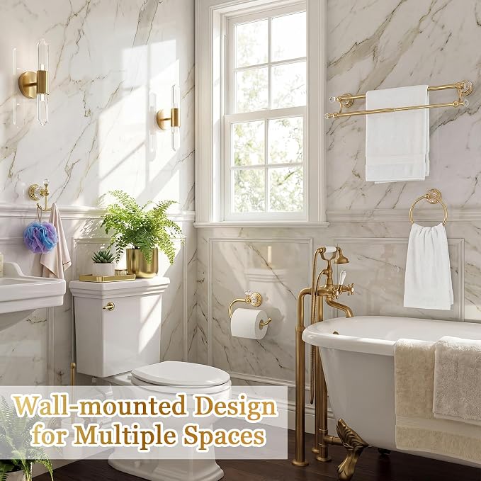 4 Pcs Polished Gold Crystal Bathroom Accessories Set with Adjustable Double Towel Bar & Towel Ring & Toilet Paper Holder & Robe Hook, Wall Mounted Bath Hardware Fixture Set (Style 10)