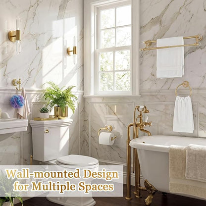 4 Pcs Polished Gold Crystal Bathroom Accessories Set with Adjustable Double Towel Bar & Towel Ring & Toilet Paper Holder & Robe Hook, Wall Mounted Bath Hardware Fixture Set (Style 10)