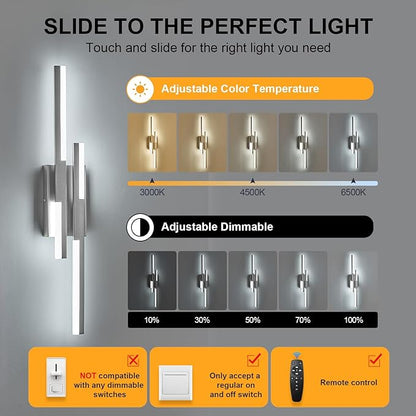 Modern LED Wall Sconce Silver Remote Wall Light Fixtures for Bathroom, Dimmable Vanity Light Indoor LED Remote Wall Sconce for Bedside Bedroom Living Dining Room (27.6inch 3000-6500K 1 Pack)