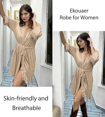 Ekouaer Women Kimono Robes Knee Length Knit Bathrobe Lightweight Soft Sleepwear V-neck Casual Ladies Loungewear