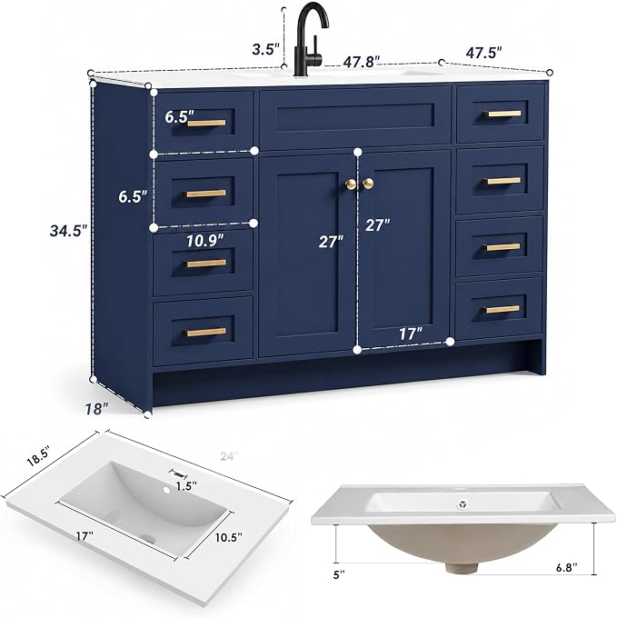 Blue Bathroom Vanity with Sink 48inch | 2 Doors and 8 Drawers | Wood Storage Basin Cabinet with Ceramic Basin for Home and Office