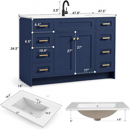 Blue Bathroom Vanity with Sink 48inch | 2 Doors and 8 Drawers | Wood Storage Basin Cabinet with Ceramic Basin for Home and Office