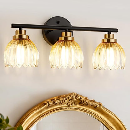 TALOYA Bathroom Vanity Light Fixtures, 3-Light Modern Black and Gold Wall Lights Over Mirror with Gradient Amber Tulip Glass Shades Bathroom Wall Lamp for Mirror, Living Room,Hallway, Farmhouse