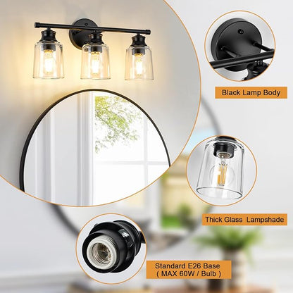 Bathroom Light Fixtures Over Mirror, 3 Lights Vanity Lights with Clear Glass Shade, 18.1" Matte Black Farmhouse Bathroom Wall Light Fixtures for Bedroom, Porch, Hotel, Mirror Cabinet
