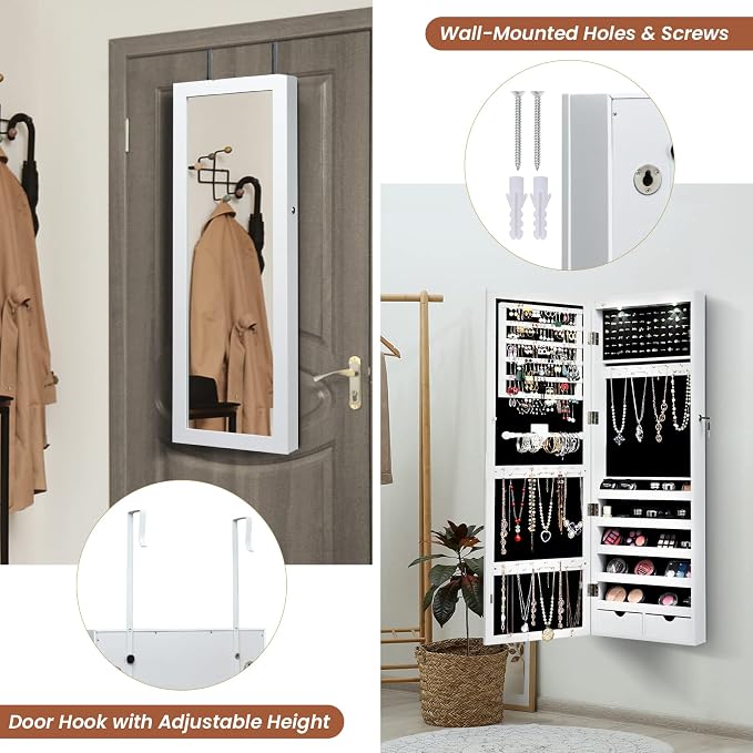 NAFORT 15 LEDs Lockable Mirror Jewelry Armoire Organizer, Christmas Gift Wall Door Mounted Storage Cabinet with Full-Length Mirror, Folding Tray,5 Storage Shelves, White