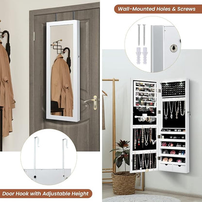 NAFORT 15 LEDs Lockable Mirror Jewelry Armoire Organizer, Christmas Gift Wall Door Mounted Storage Cabinet with Full-Length Mirror, Folding Tray,5 Storage Shelves, White