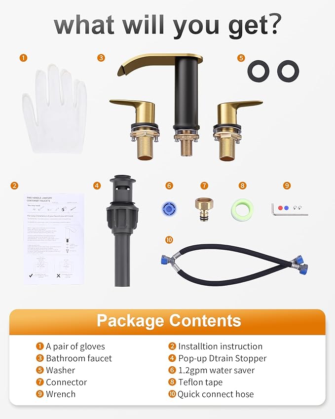WOWOW Waterfall Bathroom Faucet 3 Holes 8Inch Widespread Bathroom Sink Faucet, Two Handles Lavatory Vanity Sink Faucets with Pop-up Drain & Supply Hoses, Modern Faucet Mixer Taps Black and Gold