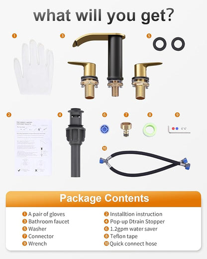 WOWOW Waterfall Bathroom Faucet 3 Holes 8Inch Widespread Bathroom Sink Faucet, Two Handles Lavatory Vanity Sink Faucets with Pop-up Drain & Supply Hoses, Modern Faucet Mixer Taps Black and Gold