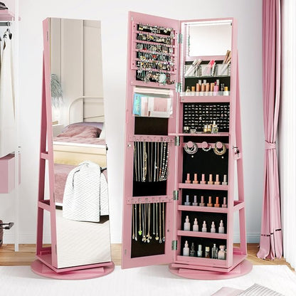 CHARMAID 360° Swivel Jewelry Armoire with Full Length Mirror, Rear Storage Shelves, Lockable Standing Jewelry Cabinet Organizer with Interior Vanity Mirror and 3-Color Lights (Pink)