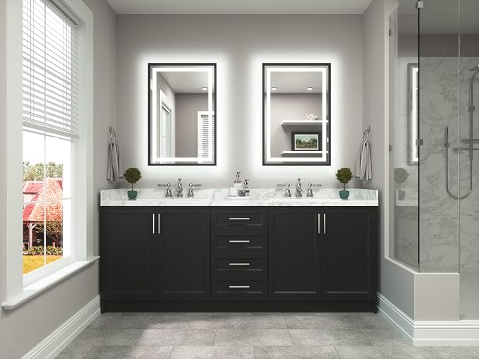 24 x 36 Bathroom LED Mirror Brushed Black Metal Frame Frontlit & Backlit Vanity Mirror Anti-Fog Stepless Dimmable 3 Colors White/Warm/Natural Mirror with Lights Wall-Mounted
