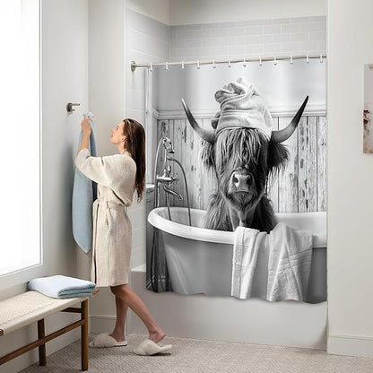 Highland Cow Shower Curtain, Funny Black & White Cow in Bathtub with Towel Rustic Bathroom Decor, Waterproof Washable Polyester Fabric, with Hooks for Farmhouse Bathroom Decorations 71x84inch.