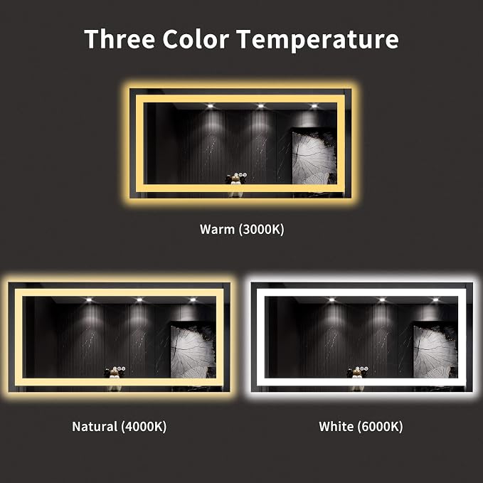 LOAAO 60X30 LED Bathroom Mirror with Lights, UL Listed | Anti-Fog, Dimmable, 3 Color Temperature, Backlit + Front Lit, Memory Function, Tempered Glass