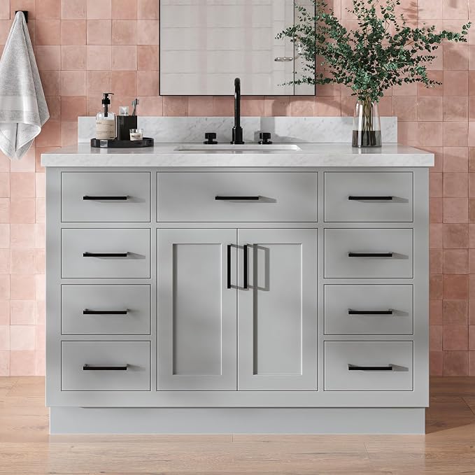 Isabella 48-Inch Bathroom Vanity with Sink — Grey Single Sink Bathroom Vanity, 1.5" Edge Italian Carrara Marble Top, Solid Wood, 2 Soft-Close Doors, 8 Dovetail Drawers + Tilt Drawer