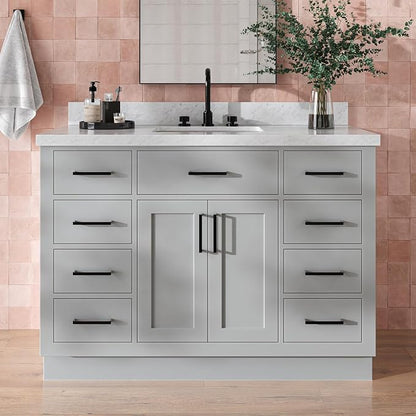 Isabella 48-Inch Bathroom Vanity with Sink — Grey Single Sink Bathroom Vanity, 1.5" Edge Italian Carrara Marble Top, Solid Wood, 2 Soft-Close Doors, 8 Dovetail Drawers + Tilt Drawer