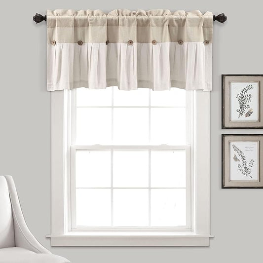 Lush Decor Linen Button Valance | 52"W x 18"L | Farmhouse Style | Coconut Husk Buttons | Pack of 12