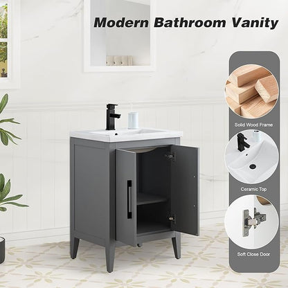 HomeBeyond 24 Inch Bathroom Vanity with Sink & Ceramic Top, Single Vanity Cabinet with Basin, Soft-Closing Doors & Matte Black Hardware, Grey