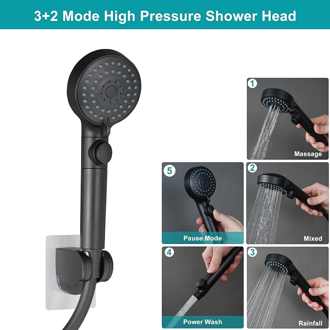 GwernKB Handheld Black Shower Head with Hose and On Off Switch,Water Saving | 3 Mode High Pressure Spray,for RV Camper,Bathroom,No Drilling Wall Mount Adhesive Shower Holder,Hose Guide Ring,No Hurt Wall