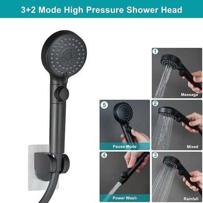 GwernKB Handheld Black Shower Head with Hose and On Off Switch,Water Saving | 3 Mode High Pressure Spray,for RV Camper,Bathroom,No Drilling Wall Mount Adhesive Shower Holder,Hose Guide Ring,No Hurt Wall